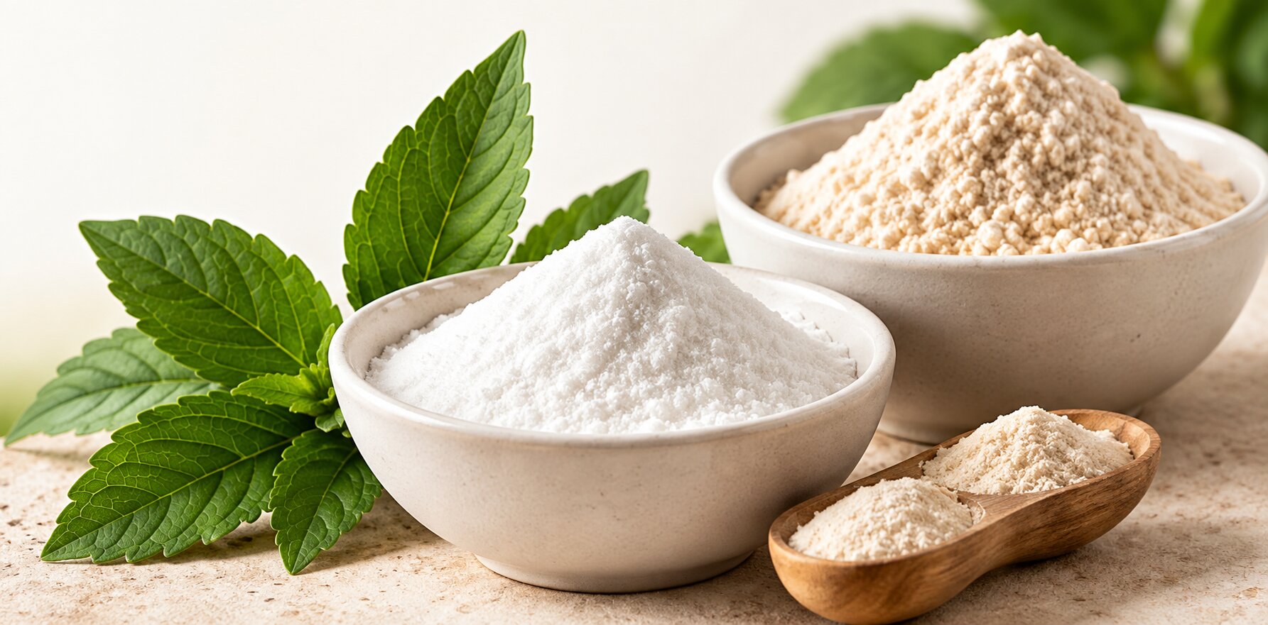 Bowls of white powder ingredients with fresh leaves