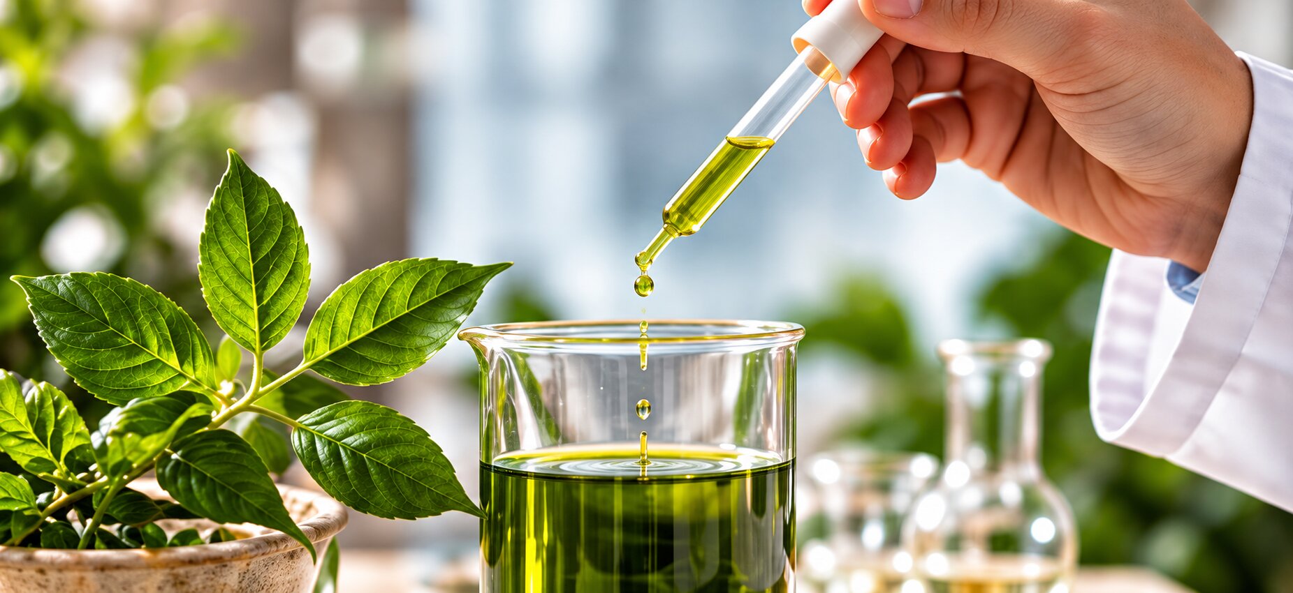A pipette dropping plant extract into a glass beaker
